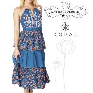 Kopal Izzy Boho Anthropologie Blue Foliage Triple Tiered Dress Medium